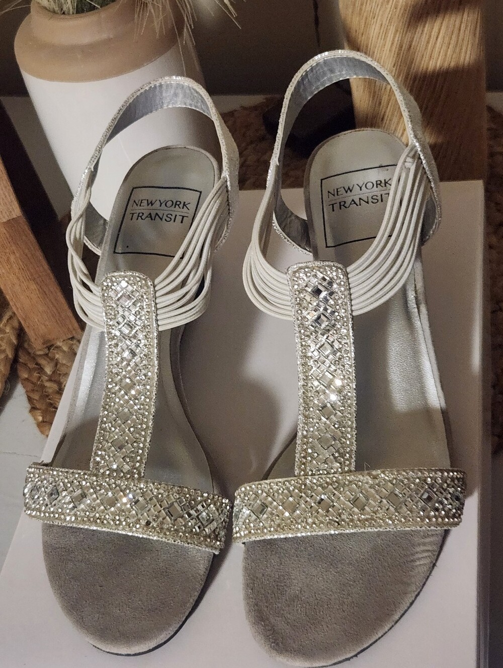 New York Transit Silver Beaded T-Strap Sandals